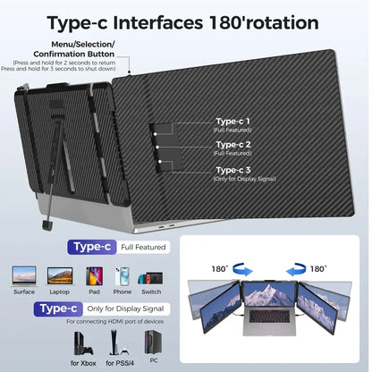 14" Portable Dual Screen Monitor – 1080p IPS, Type-C for Laptop & Phone