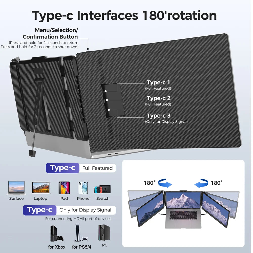 14" Portable Dual Screen Monitor – 1080p IPS, Type-C for Laptop & Phone