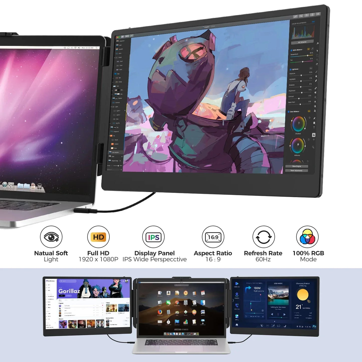 14" Portable Dual Screen Monitor – 1080p IPS, Type-C for Laptop & Phone